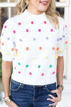Bright White Colorful Pompom Detail Short Bubble Sleeve Sweater