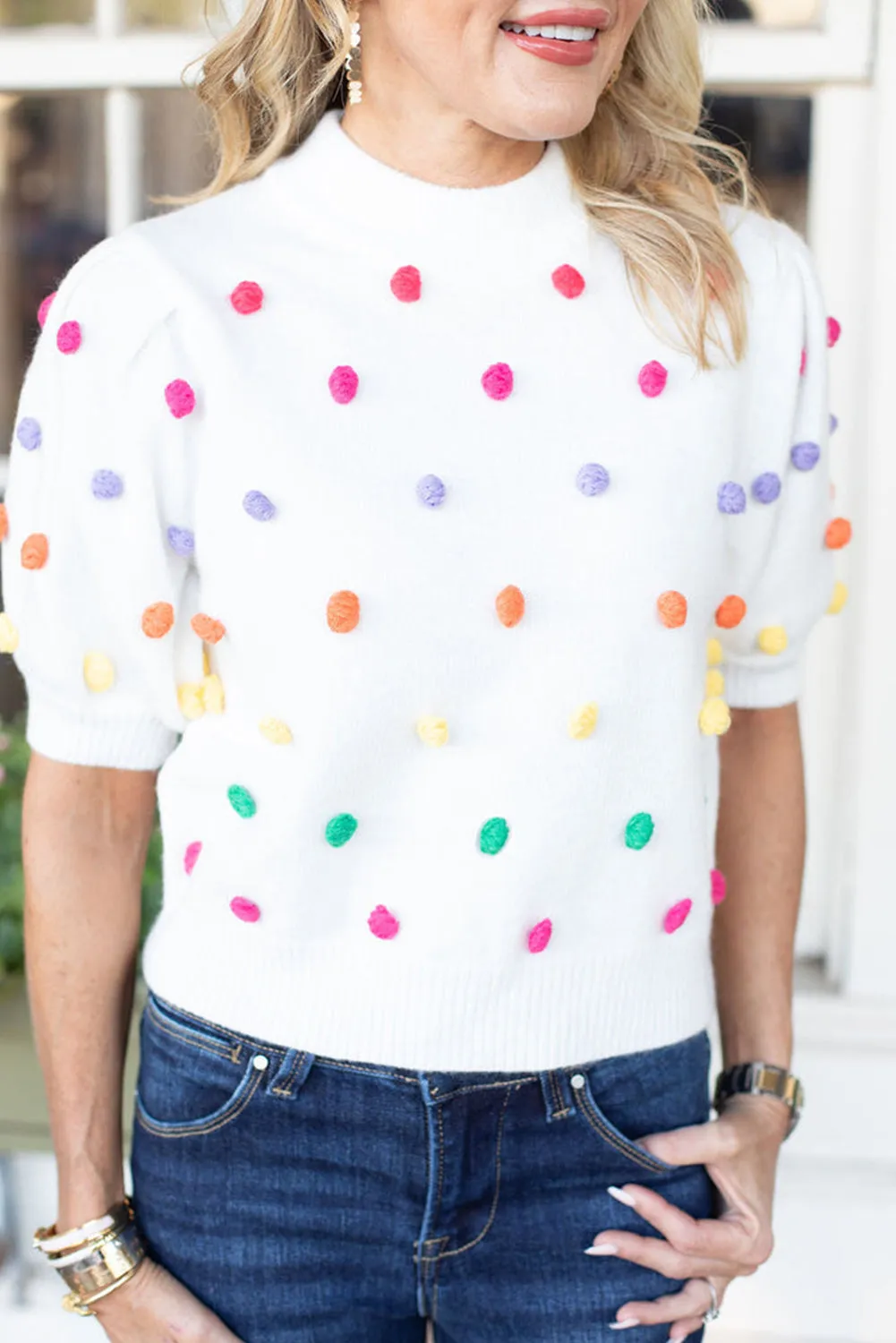 Bright White Colorful Pompom Detail Short Bubble Sleeve Sweater