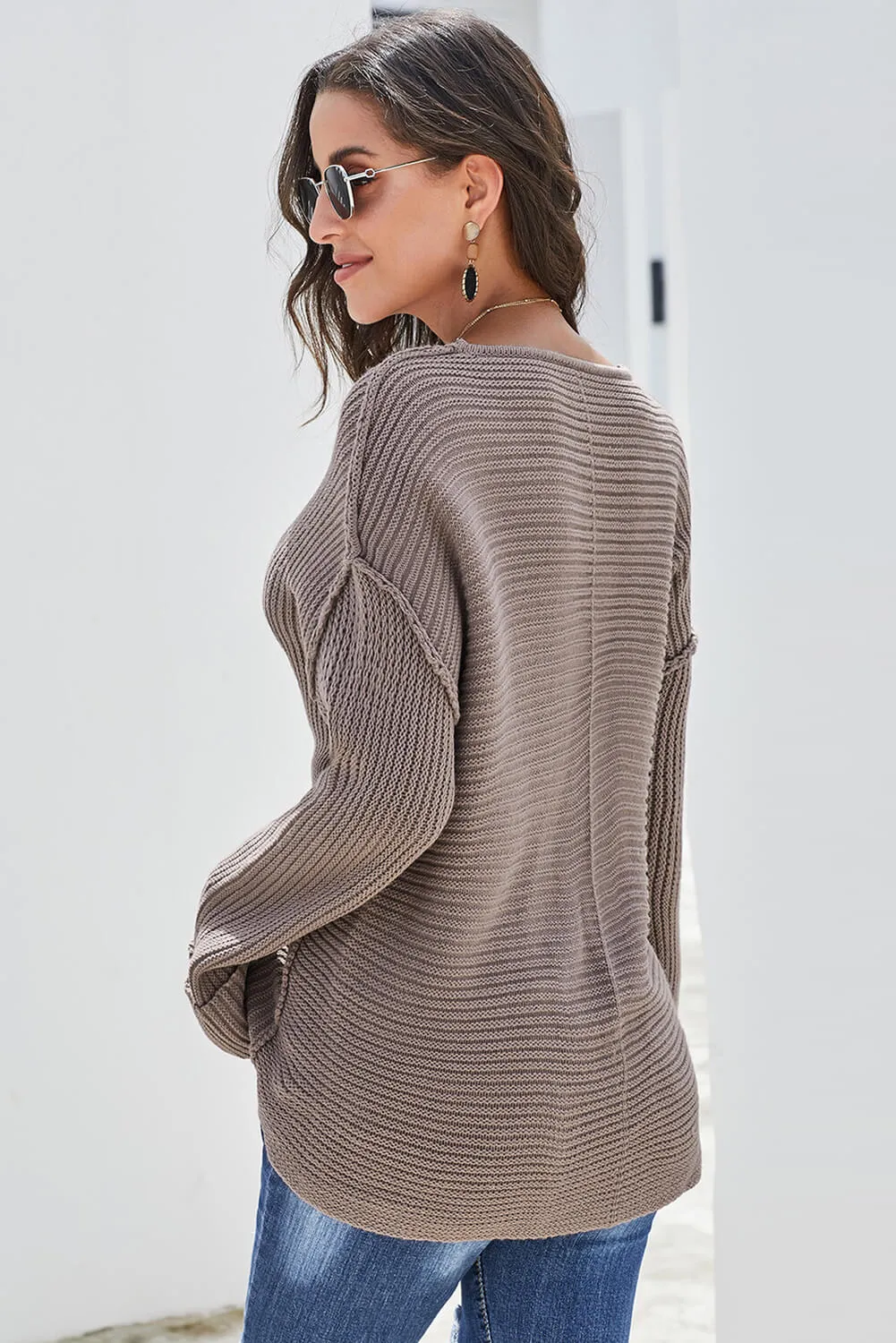 Brown Textured V Neck Pullover Sweater
