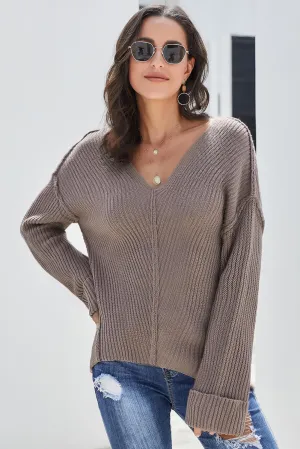 Brown Textured V Neck Pullover Sweater