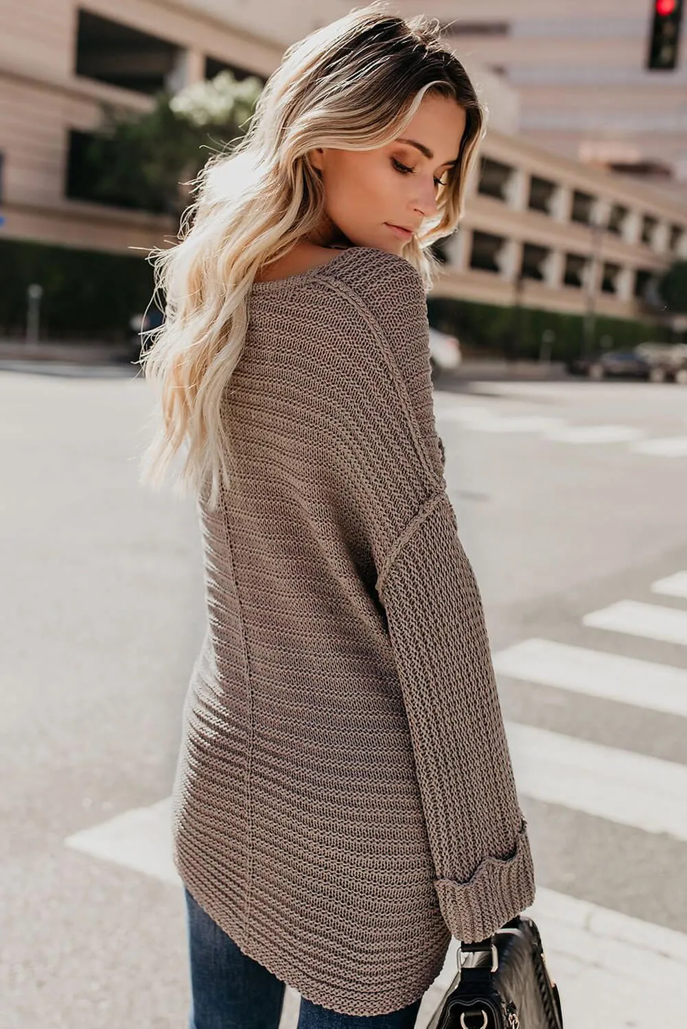 Brown Textured V Neck Pullover Sweater