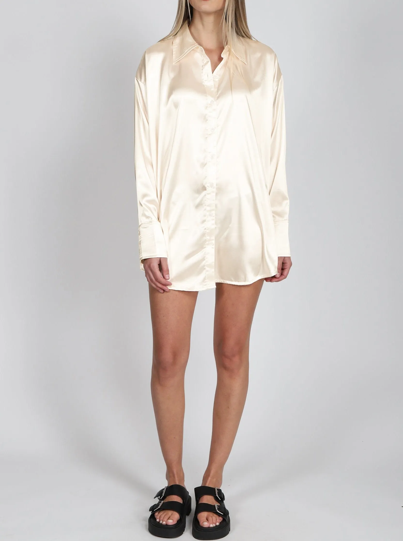 Brunette The Label - Silk Button Up Dress In Almond Silk