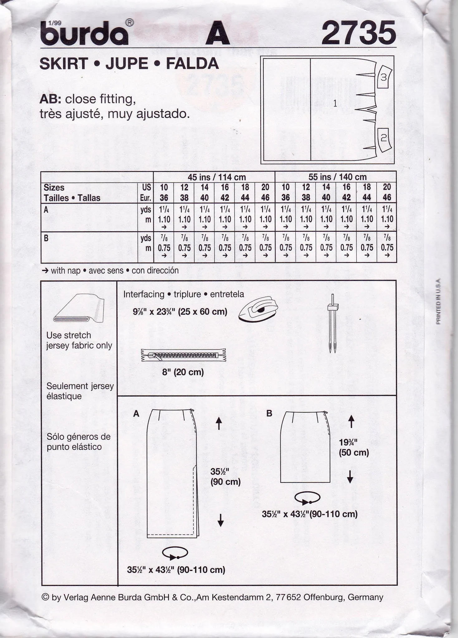 Burda 2735 Womens Maxi Skirt with Side Split Out Of Print Sewing Pattern Sizes 10 - 20 UNCUT Factory Folded