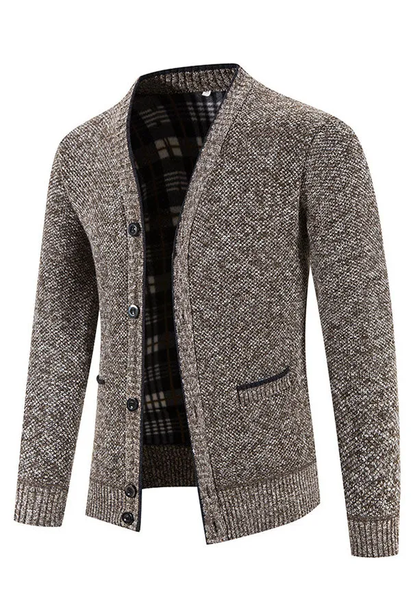 Button-breasted V-neck long-sleeve fleece knitted cardigan