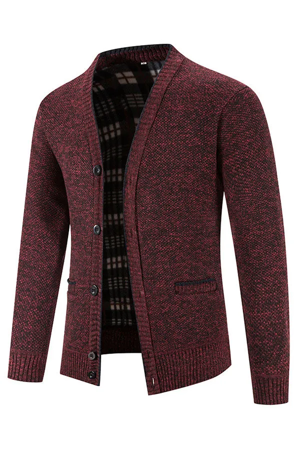 Button-breasted V-neck long-sleeve fleece knitted cardigan