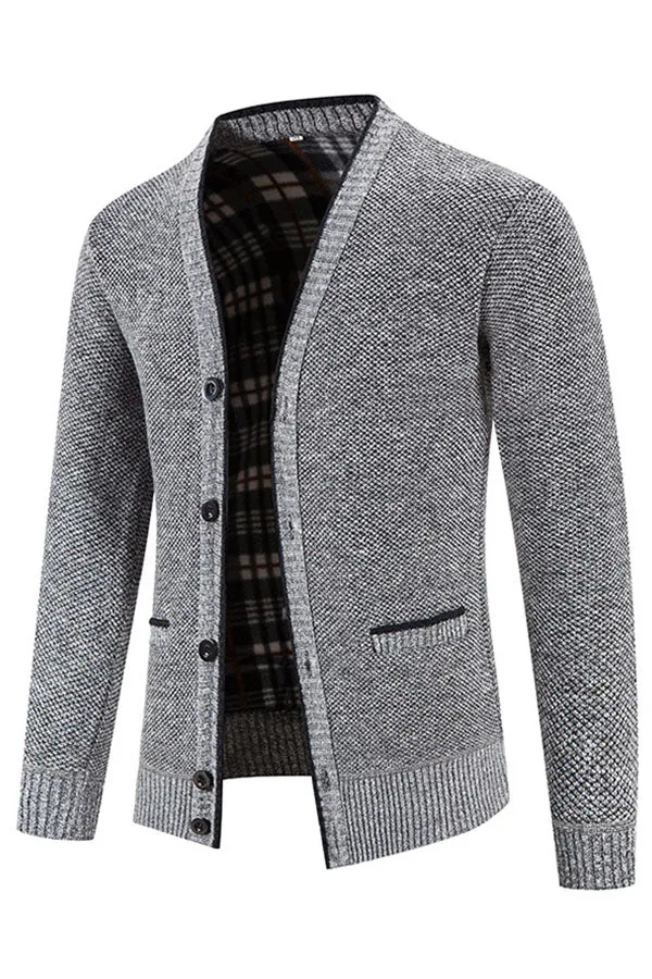 Button-breasted V-neck long-sleeve fleece knitted cardigan