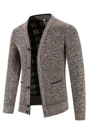 Button-breasted V-neck long-sleeve fleece knitted cardigan