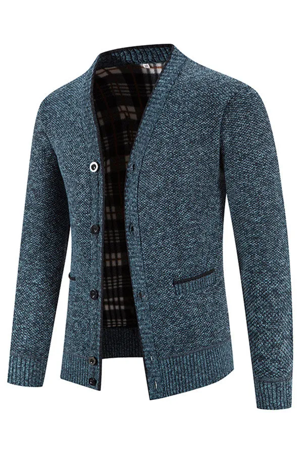 Button-breasted V-neck long-sleeve fleece knitted cardigan
