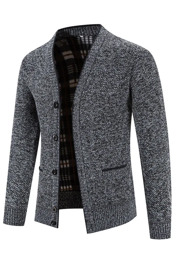 Button-breasted V-neck long-sleeve fleece knitted cardigan