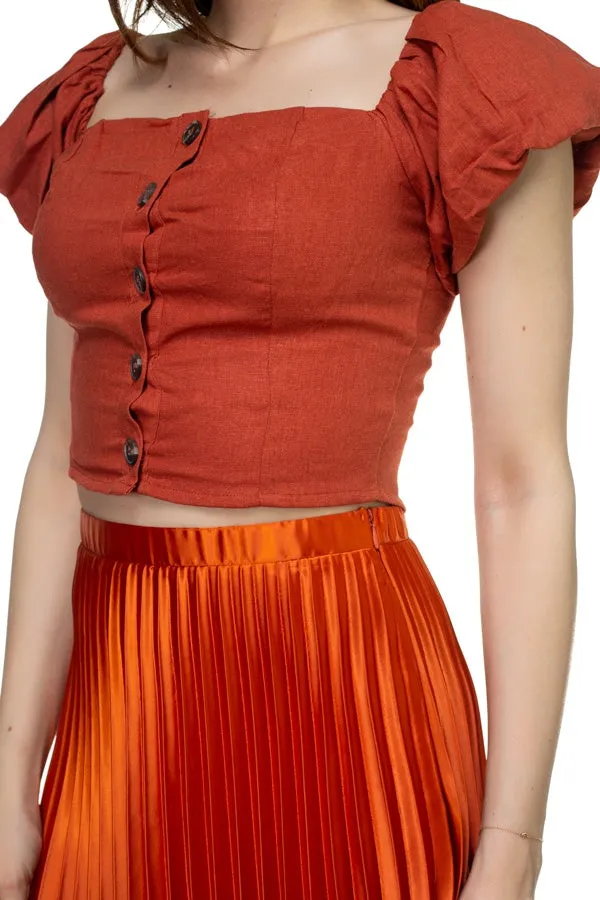 Button Down Puff Sleeve Crop Top