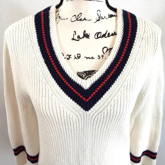Cabi Ace Pullover Cream and Blue w/ Red Bell Sleeve V-Neck Sweater Size Large