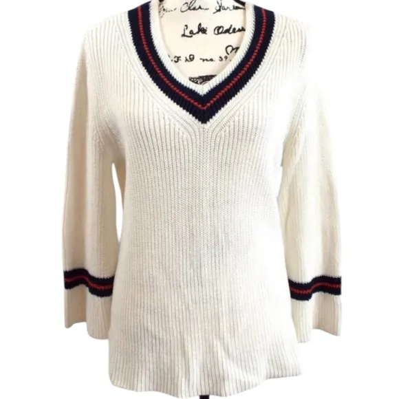Cabi Ace Pullover Cream and Blue w/ Red Bell Sleeve V-Neck Sweater Size Large