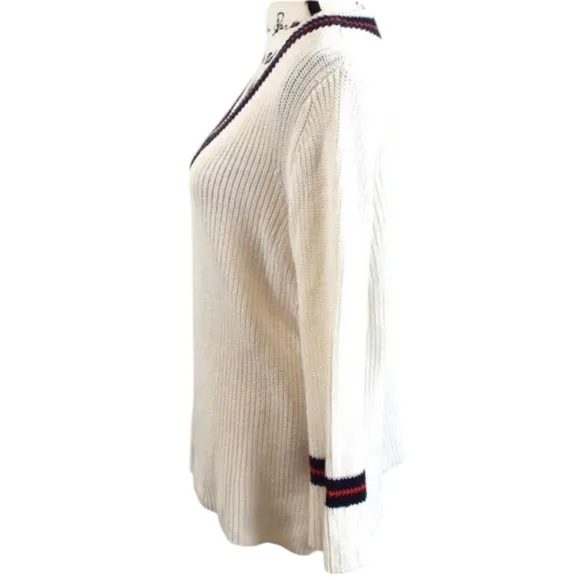 Cabi Ace Pullover Cream and Blue w/ Red Bell Sleeve V-Neck Sweater Size Large