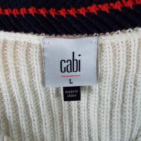 Cabi Ace Pullover Cream and Blue w/ Red Bell Sleeve V-Neck Sweater Size Large