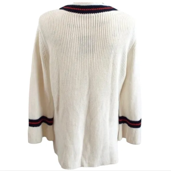 Cabi Ace Pullover Cream and Blue w/ Red Bell Sleeve V-Neck Sweater Size Large