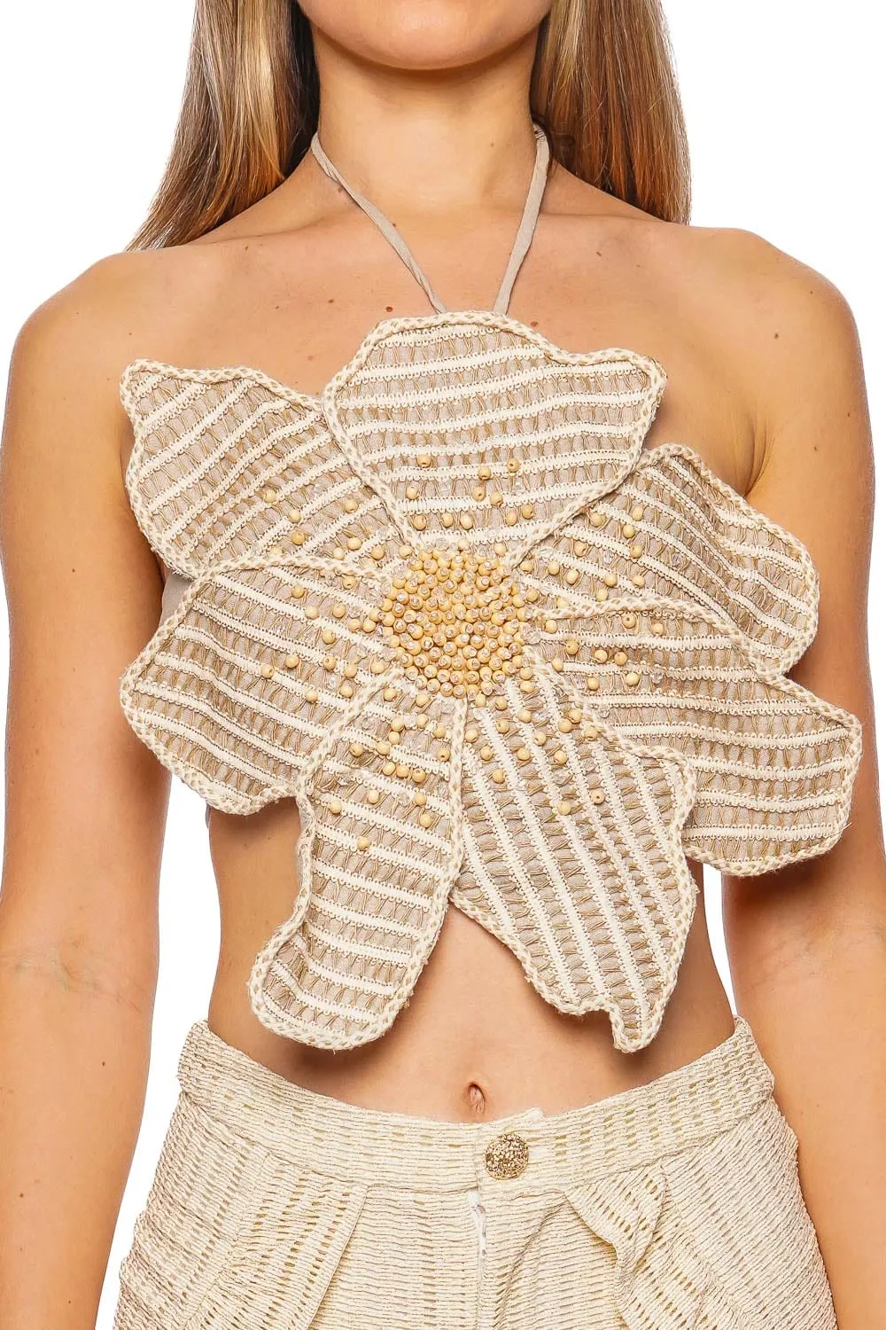 Candy Linen Hand Beaded Flower Top