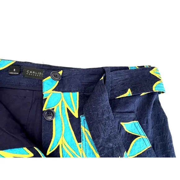 Carlisle Skirt 8 Straight Navy-Blue Turquoise Yellow Floral Cotton Lined - New