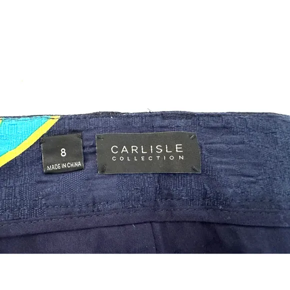 Carlisle Skirt 8 Straight Navy-Blue Turquoise Yellow Floral Cotton Lined - New