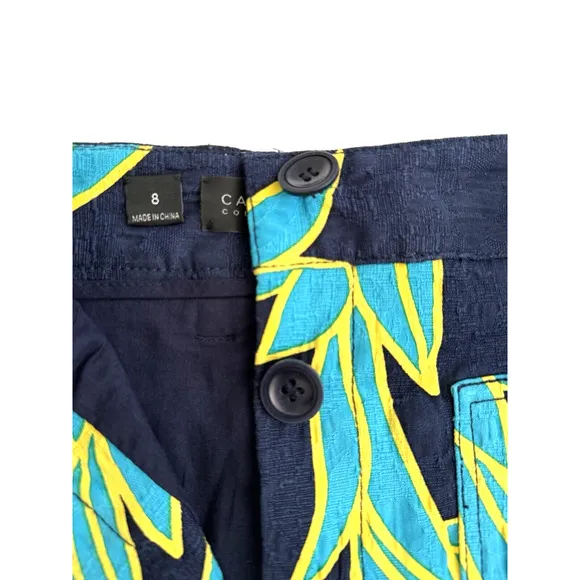 Carlisle Skirt 8 Straight Navy-Blue Turquoise Yellow Floral Cotton Lined - New