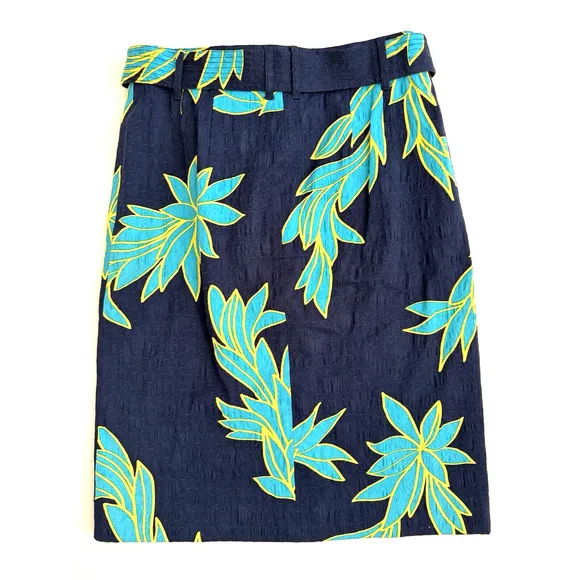 Carlisle Skirt 8 Straight Navy-Blue Turquoise Yellow Floral Cotton Lined - New