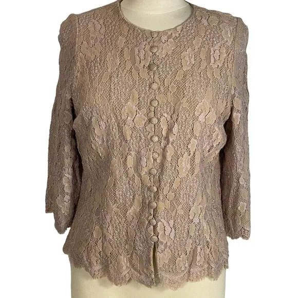Carmen Marc Valvo Signature Antique Rose Blush Pink Beaded Lace Jacket Top Sz 16