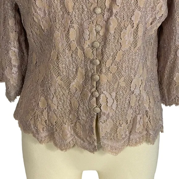 Carmen Marc Valvo Signature Antique Rose Blush Pink Beaded Lace Jacket Top Sz 16
