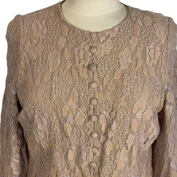 Carmen Marc Valvo Signature Antique Rose Blush Pink Beaded Lace Jacket Top Sz 16