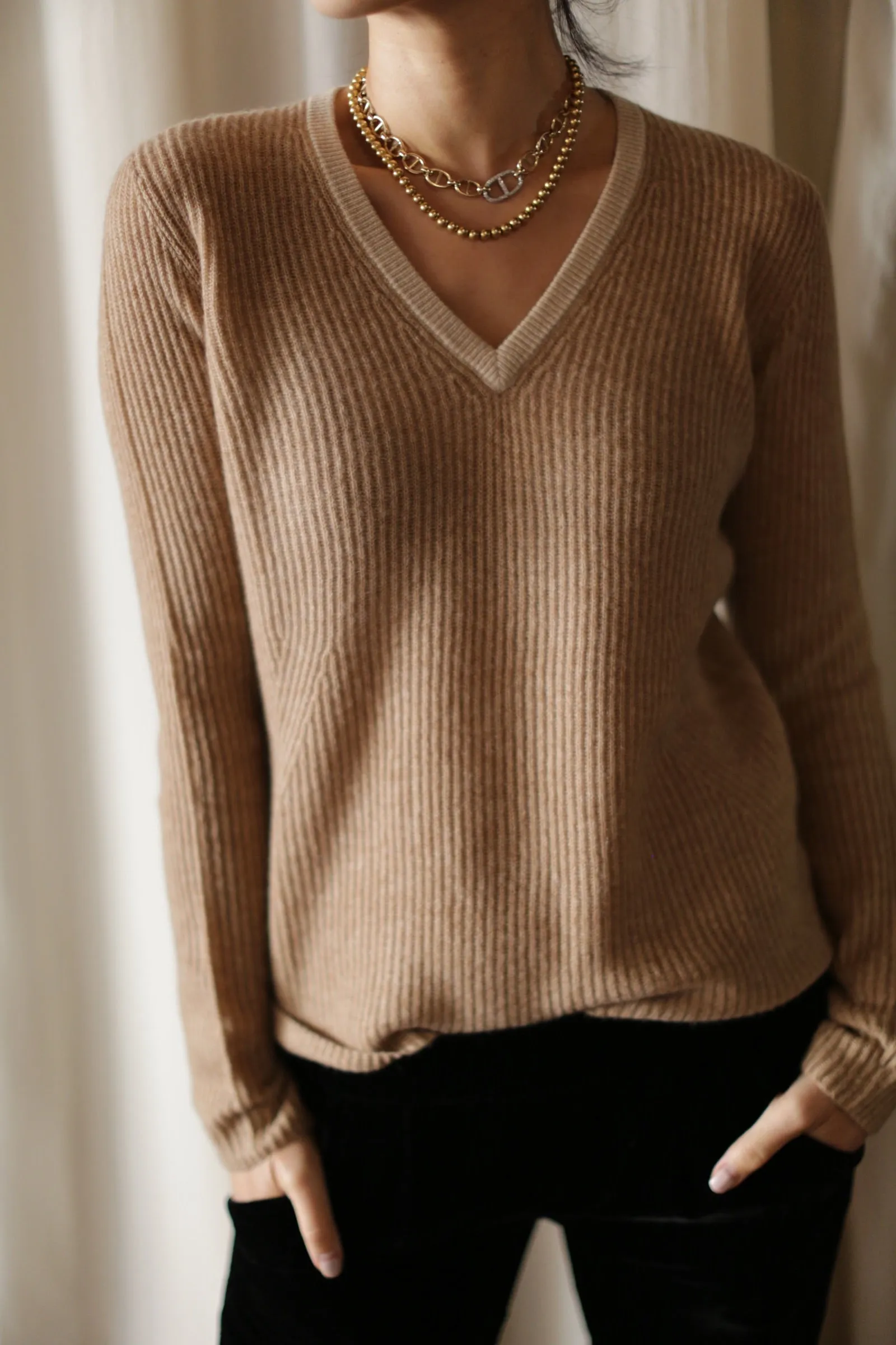 Cashmere Ribbed V-Neck Sweater