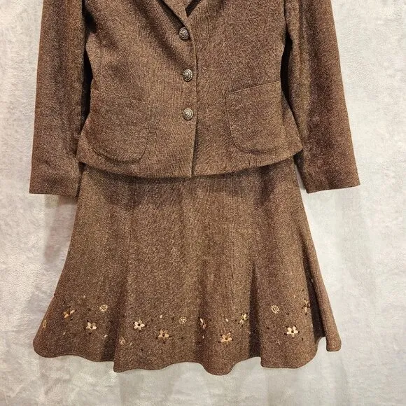 Casual Corner Tulip Skirt suit set Womens 10 Brown wool silk embroidered career