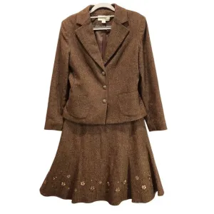 Casual Corner Tulip Skirt suit set Womens 10 Brown wool silk embroidered career