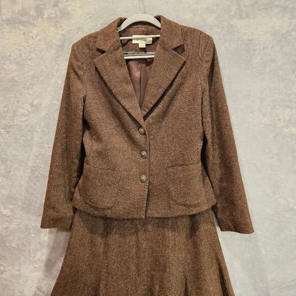 Casual Corner Tulip Skirt suit set Womens 10 Brown wool silk embroidered career