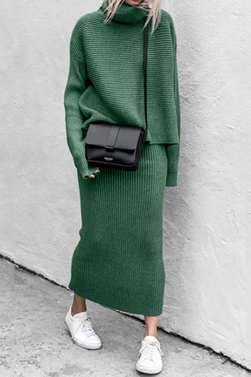 Casual Solid Split Joint Turtleneck Long Sleeve Two Pieces(5 colors)