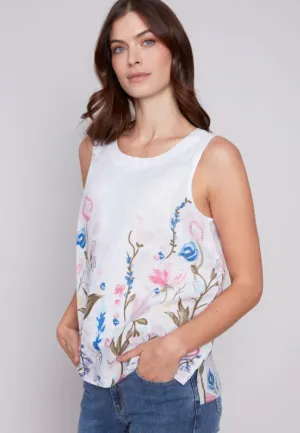 Charlie B. Floral Printed White Linen Top