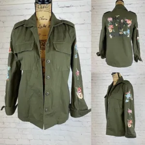 Coffee Shop Embroidered Future Is Female Army Green Utility Jacket