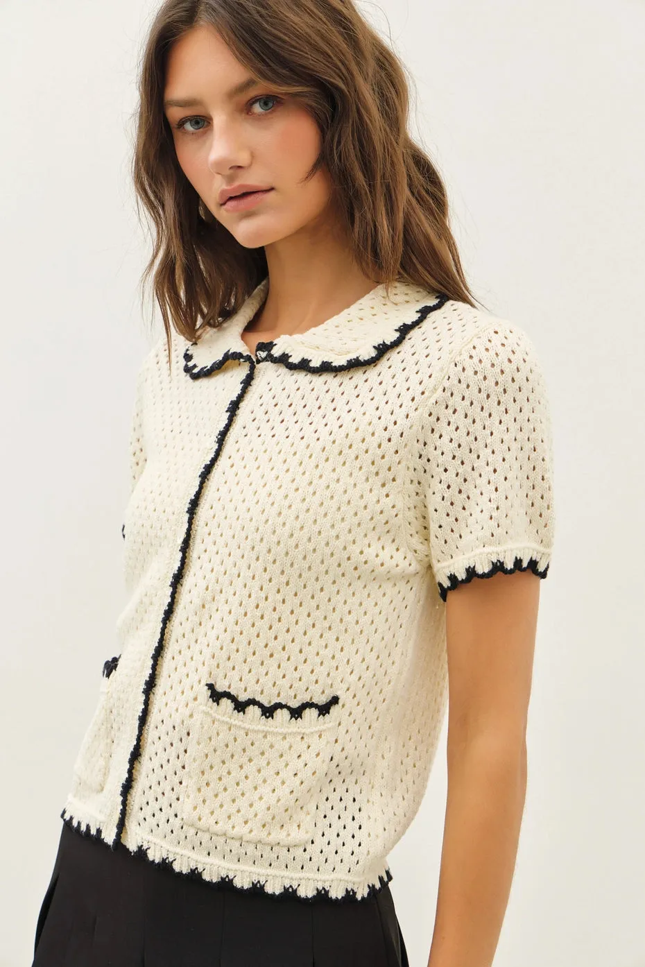 Contrast Scallop Cardigan - Black/Cream