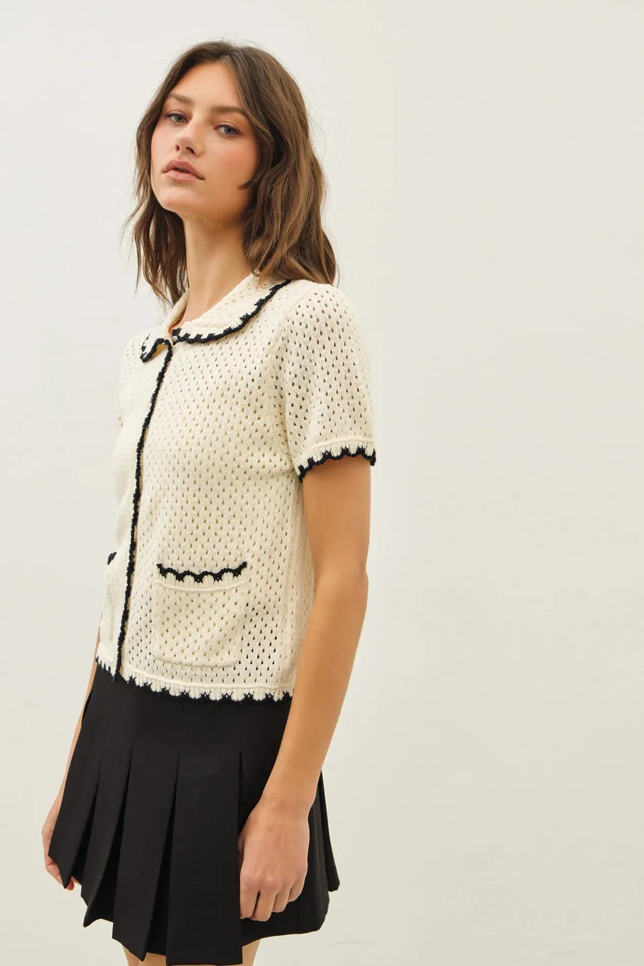 Contrast Scallop Cardigan - Black/Cream