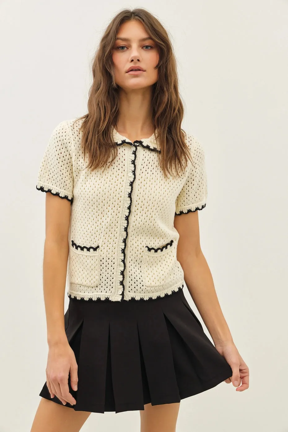 Contrast Scallop Cardigan - Black/Cream
