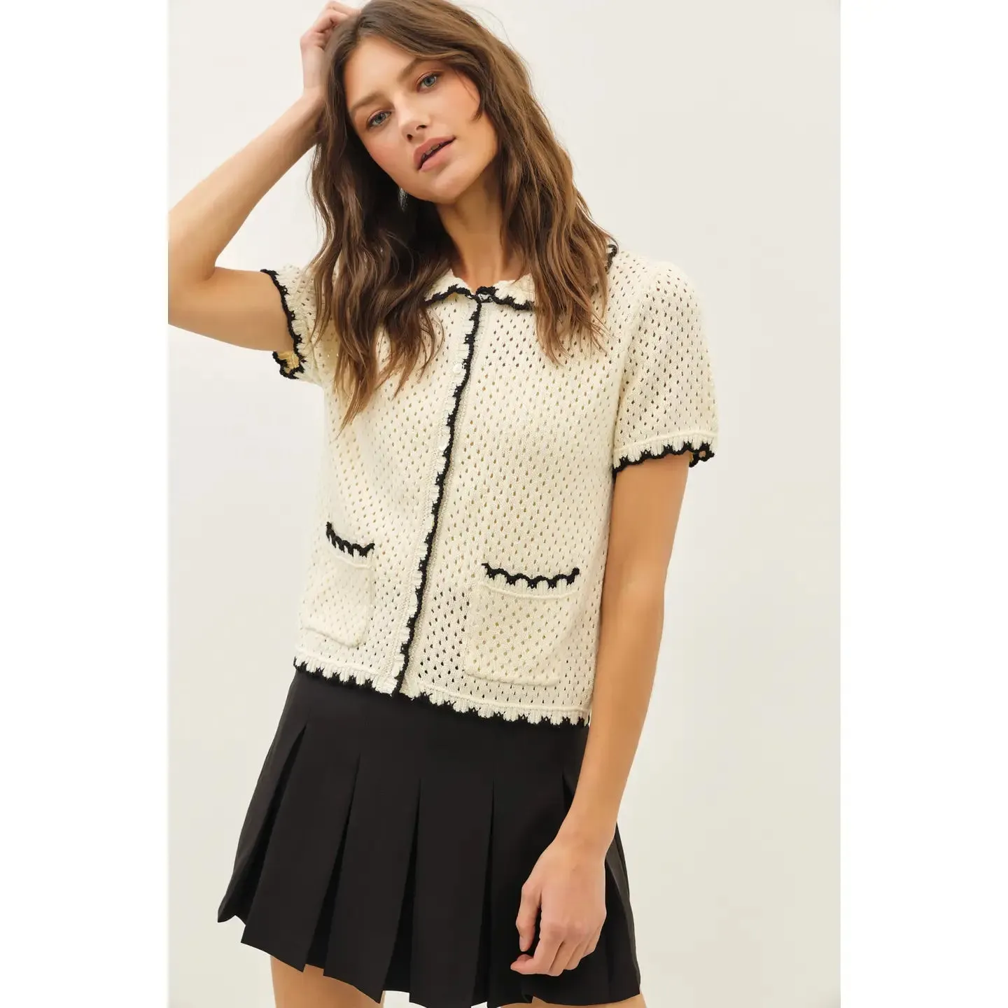 Contrast Scallop Cardigan - Black/Cream