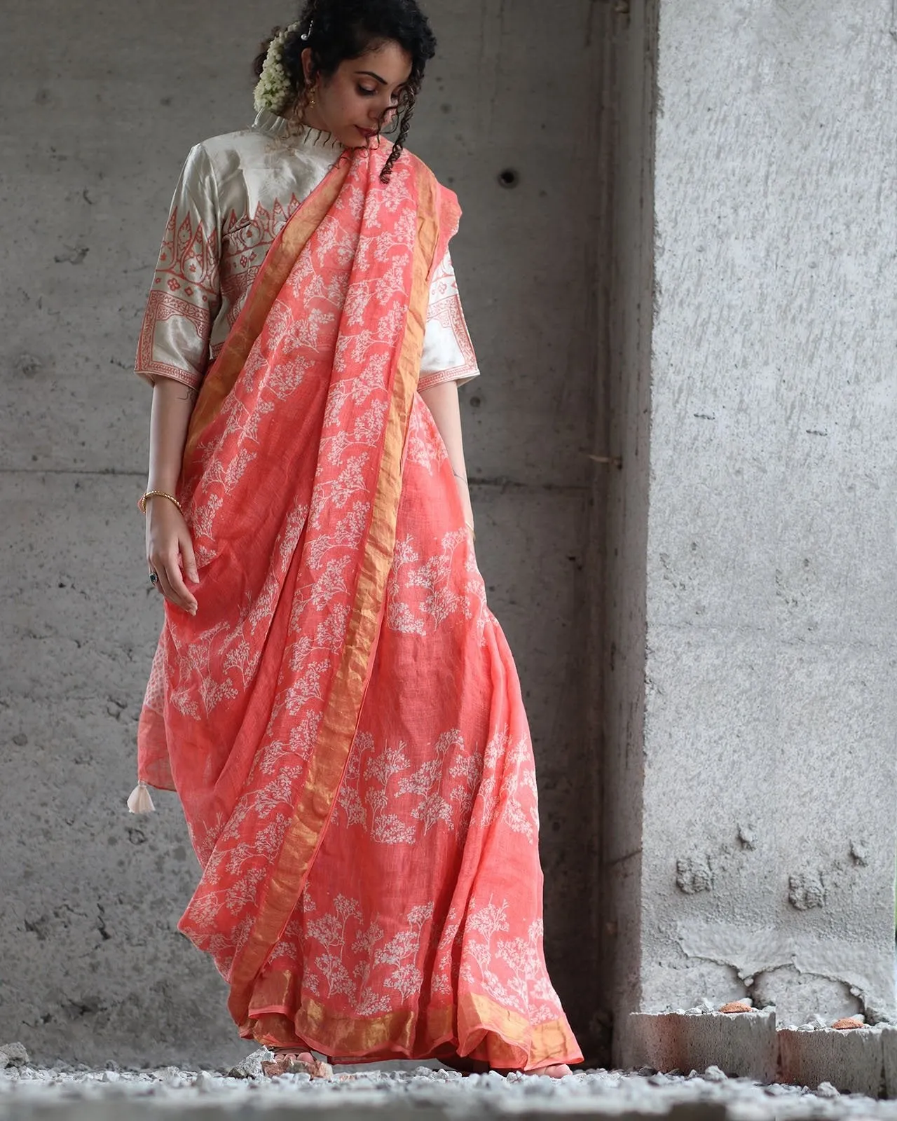 Coral Block Printed Saree Pure Handwoven Linen