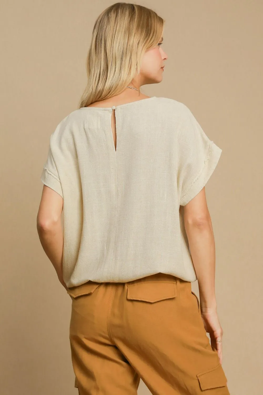 Cream Drawstring Hem Linen Top