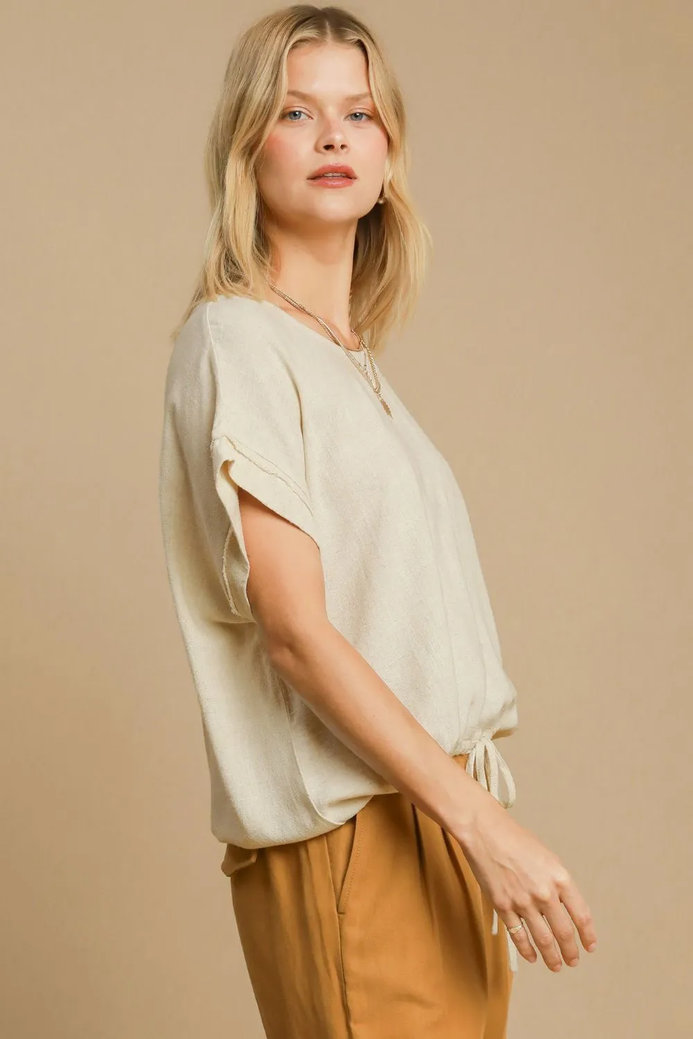 Cream Drawstring Hem Linen Top