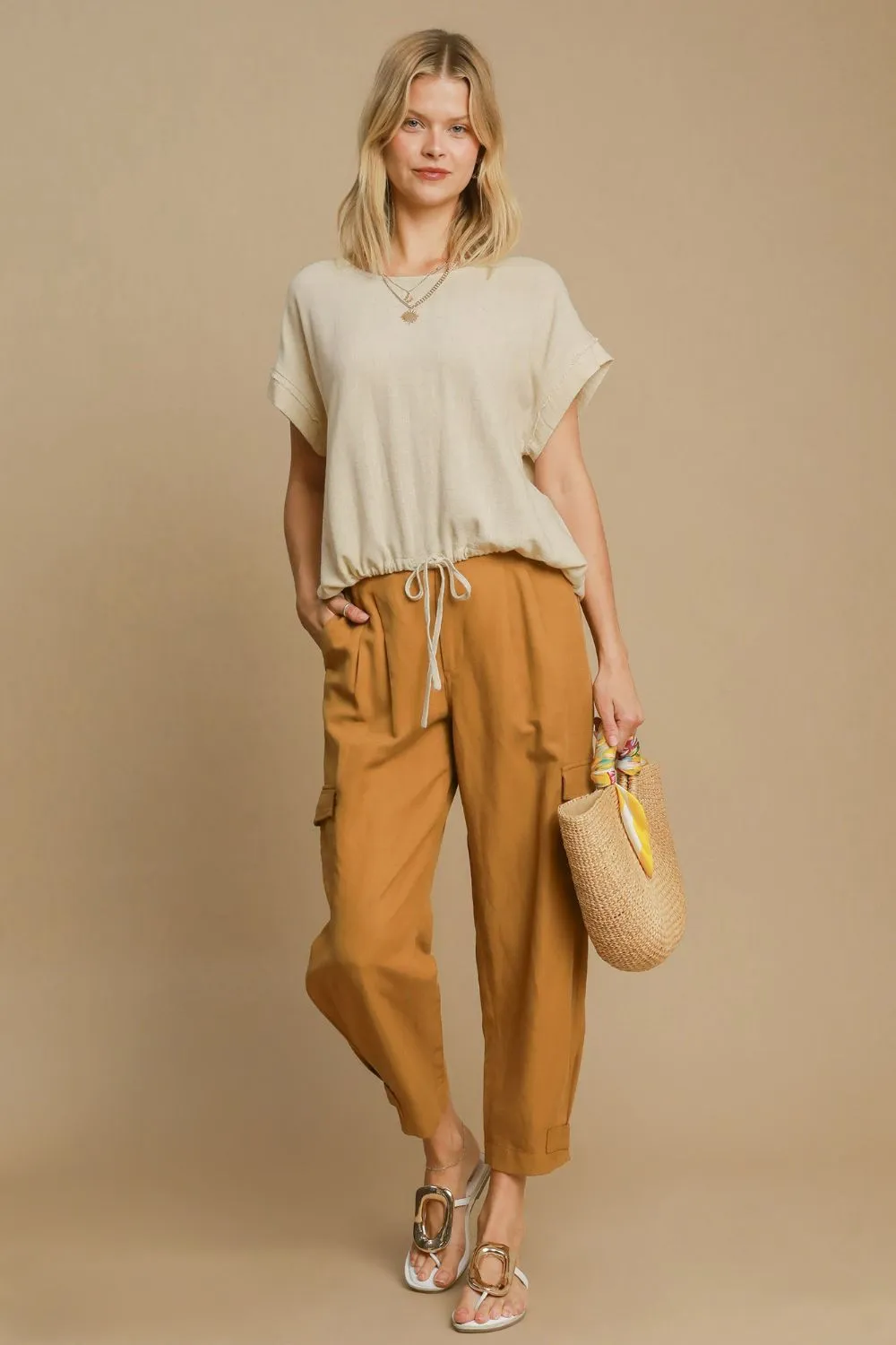 Cream Drawstring Hem Linen Top