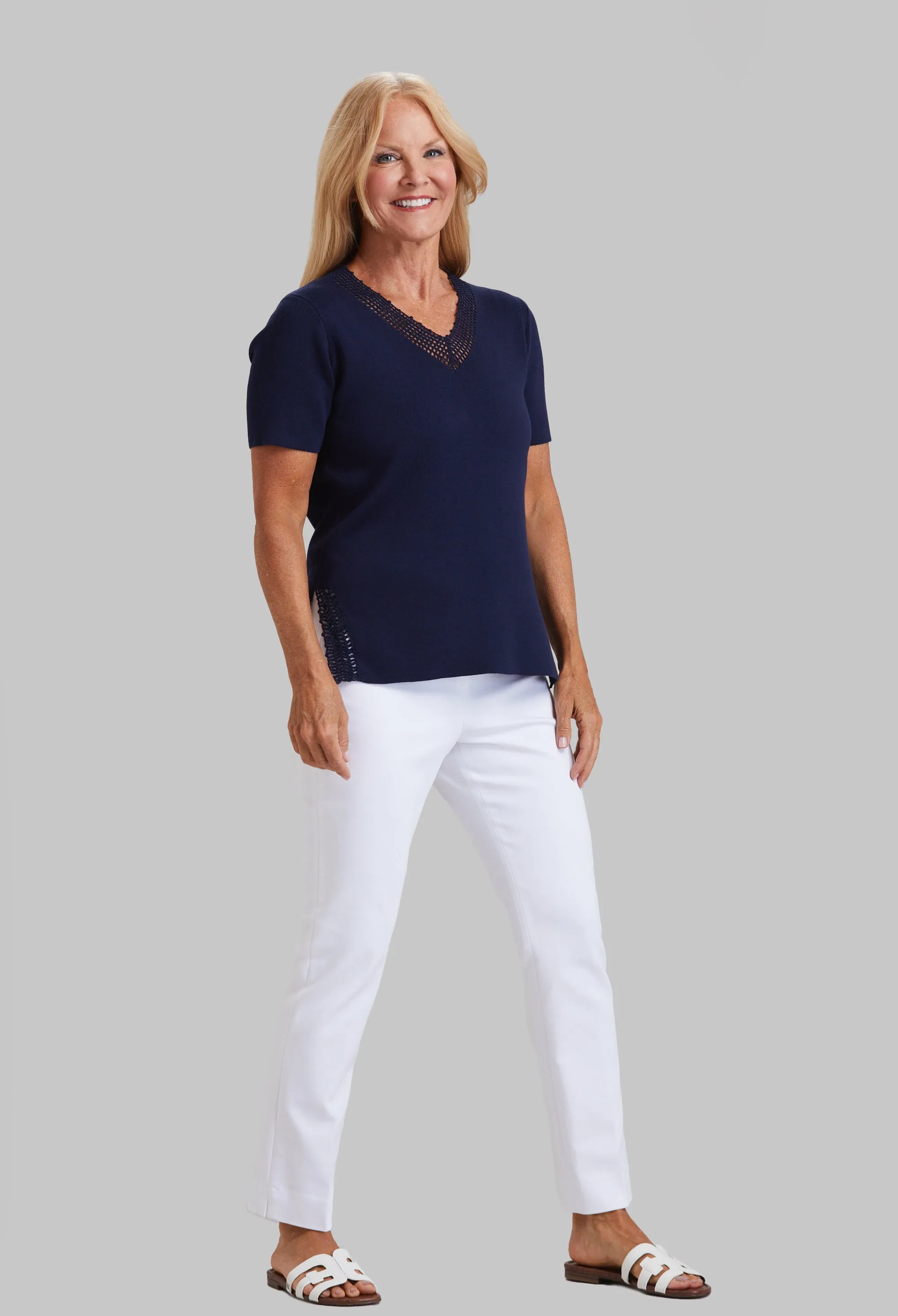 Crochet Detail Knit V-Neck
