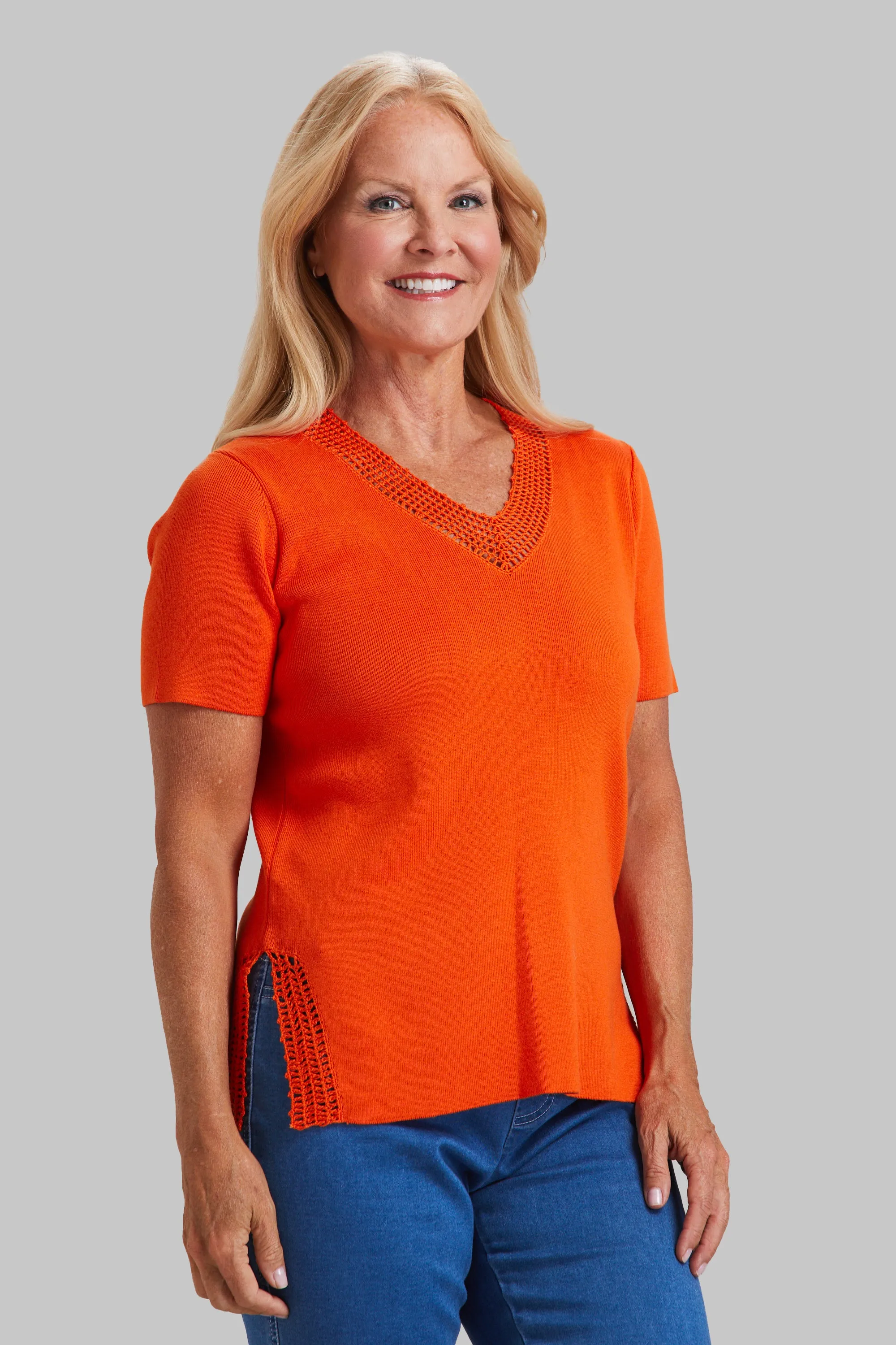 Crochet Detail Knit V-Neck