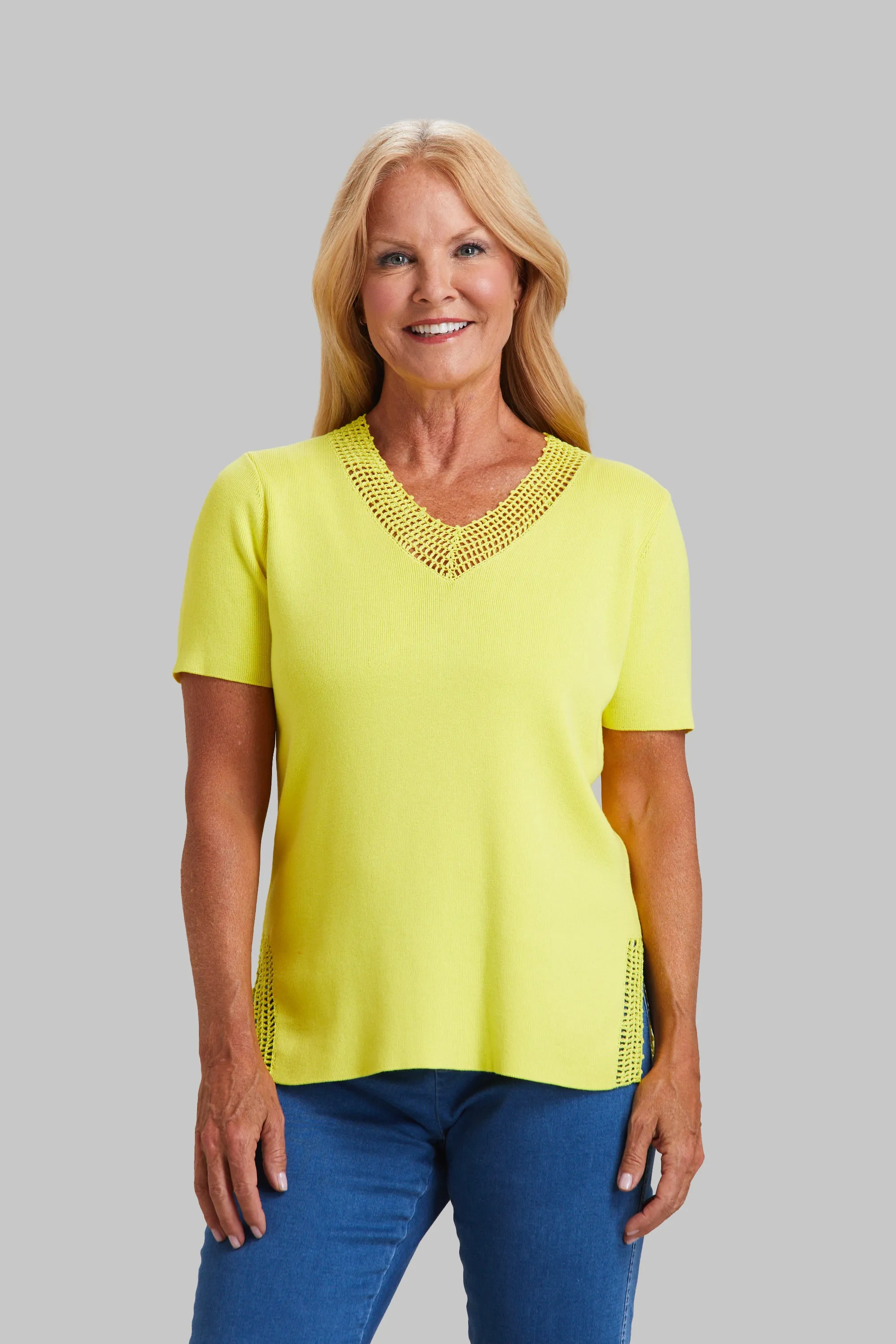 Crochet Detail Knit V-Neck