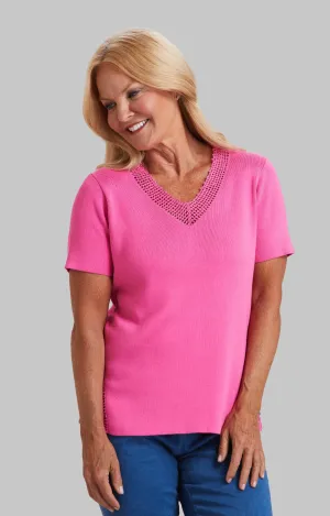 Crochet Detail Knit V-Neck