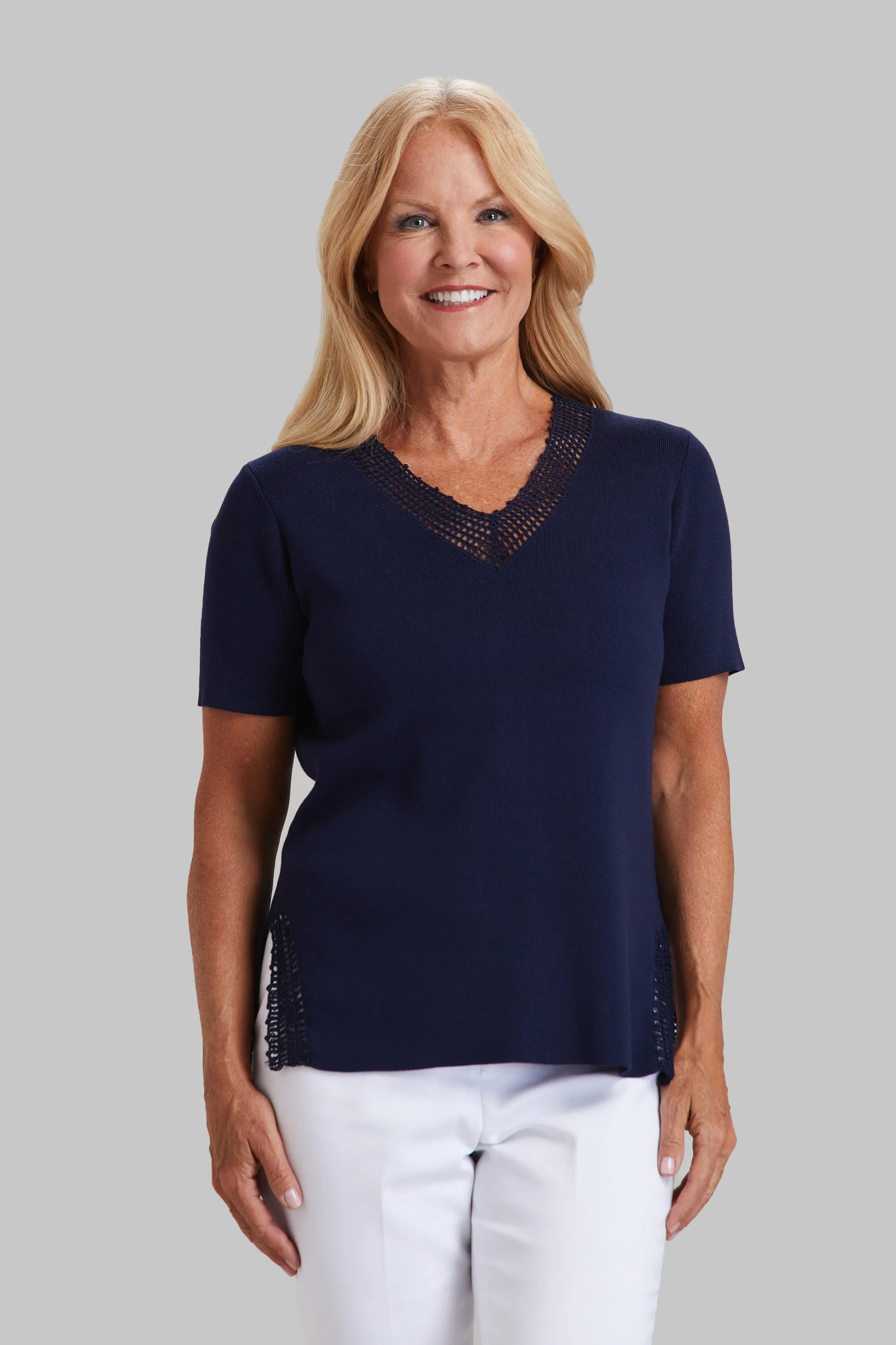 Crochet Detail Knit V-Neck