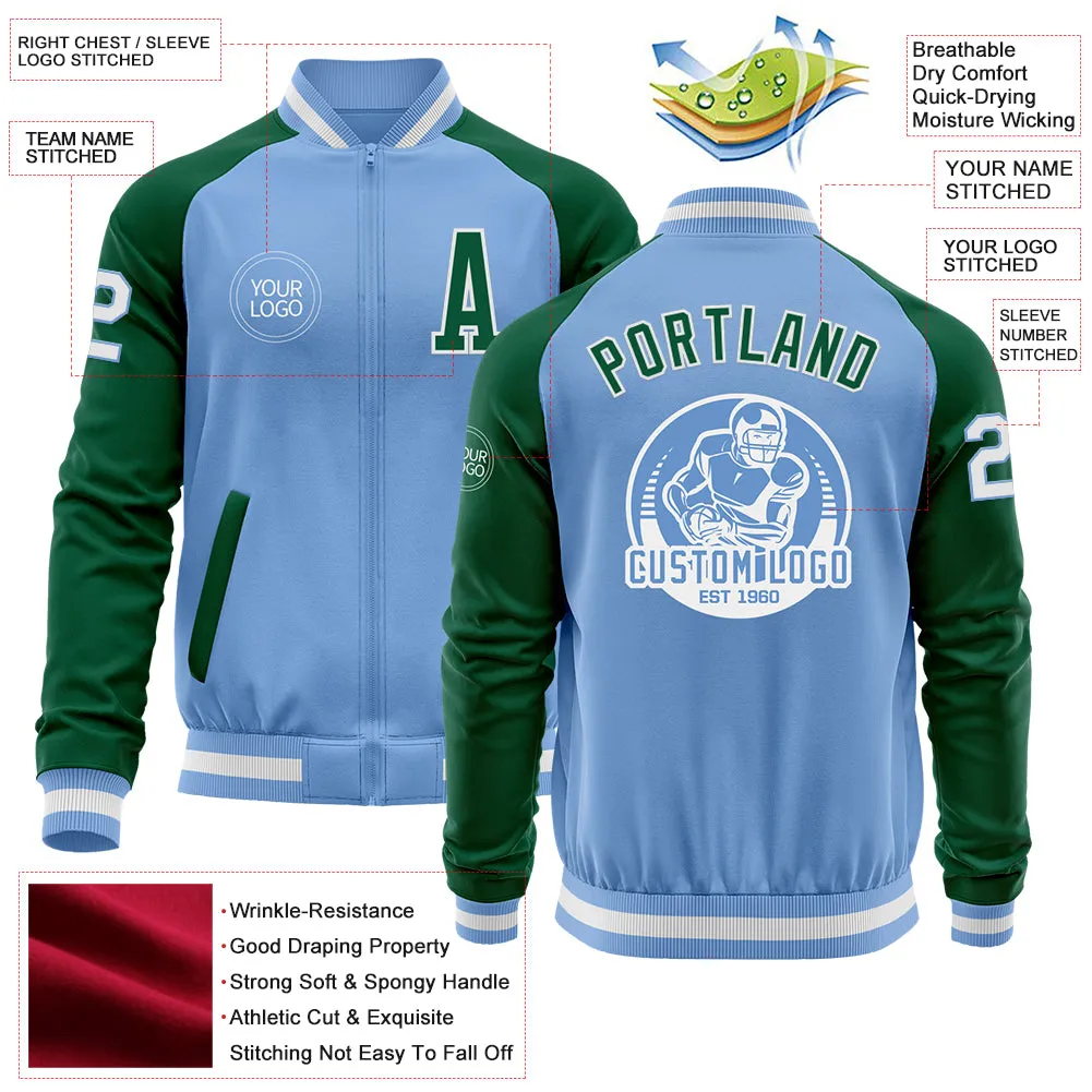 Custom Light Blue White-Kelly Green Bomber Varsity Letterman Two Tone Zipper Jacket