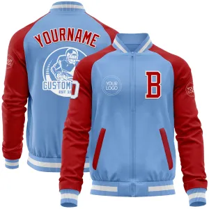 Custom Light Blue White-Red Bomber Varsity Letterman Two Tone Zipper Jacket