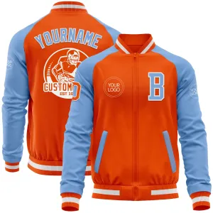 Custom Orange White-Light Blue Bomber Varsity Letterman Two Tone Zipper Jacket